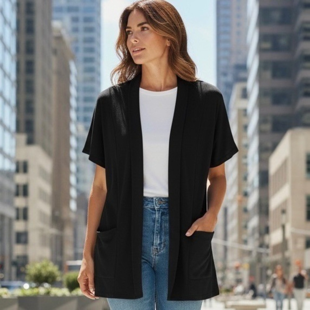 NWT‎ Liz Claiborne Women's Open Front Short Sleeve Black Cardigan Sweater Sz XXL